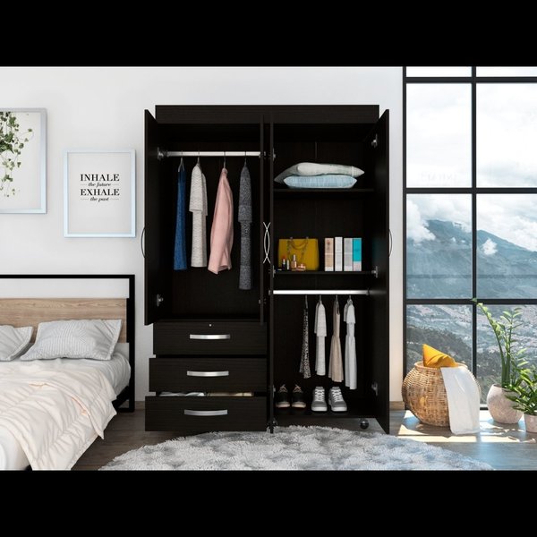 Tuhome Denver Adjustable Armoire, Rods, Double Door Cabinet, Three Drawers, Two Shelves, Black CLW5948